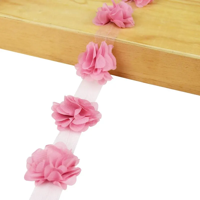 2Yards 24Pcs Flowers 3D Chiffon Cluster Flowers Lace Dress Decoration Lace Fabric Applique Trimming DIY Crafts Sewing Supplies