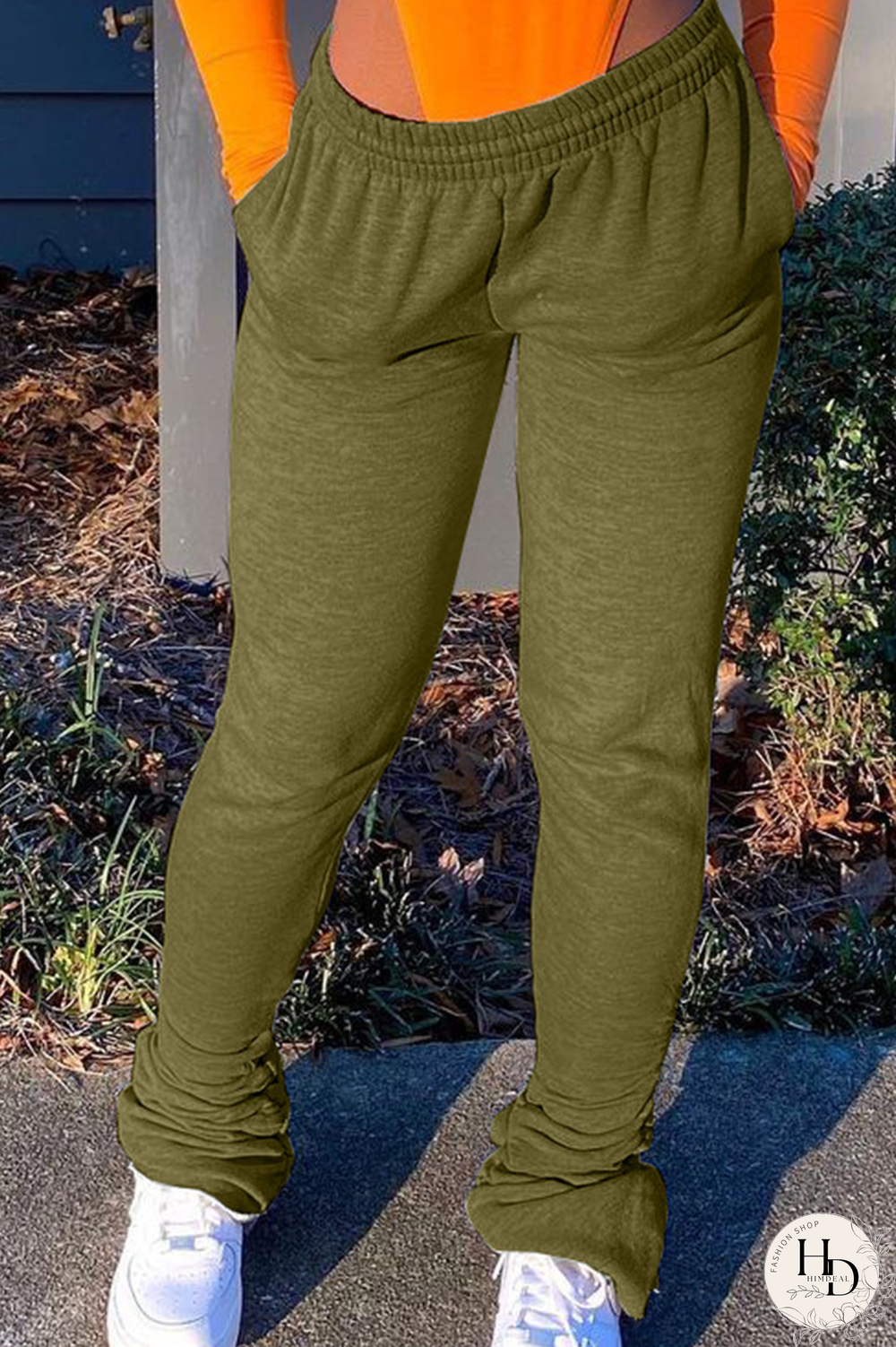 Green Casual Solid Fold Straight Mid Waist Straight Bottoms