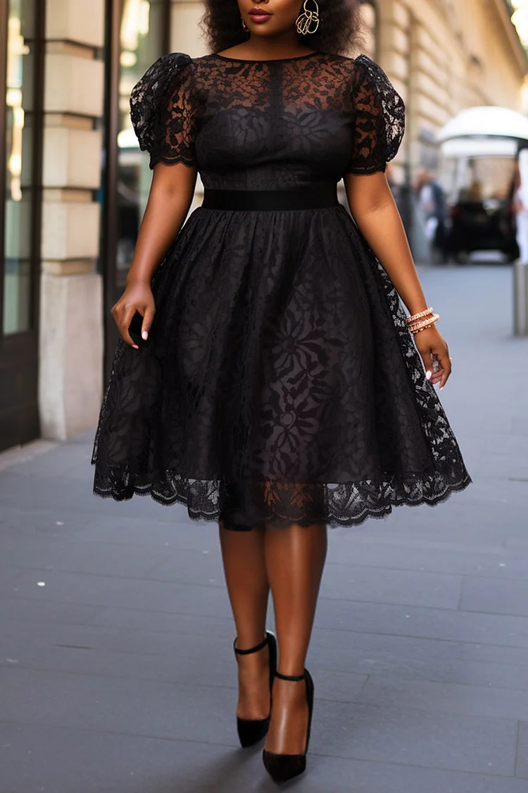 Xpluswear Design Plus Size Cocktail Party Black Elegant Round Neck Puff Sleeve Short Sleeve See Through Lace Midi Dresses [Pre-Order]