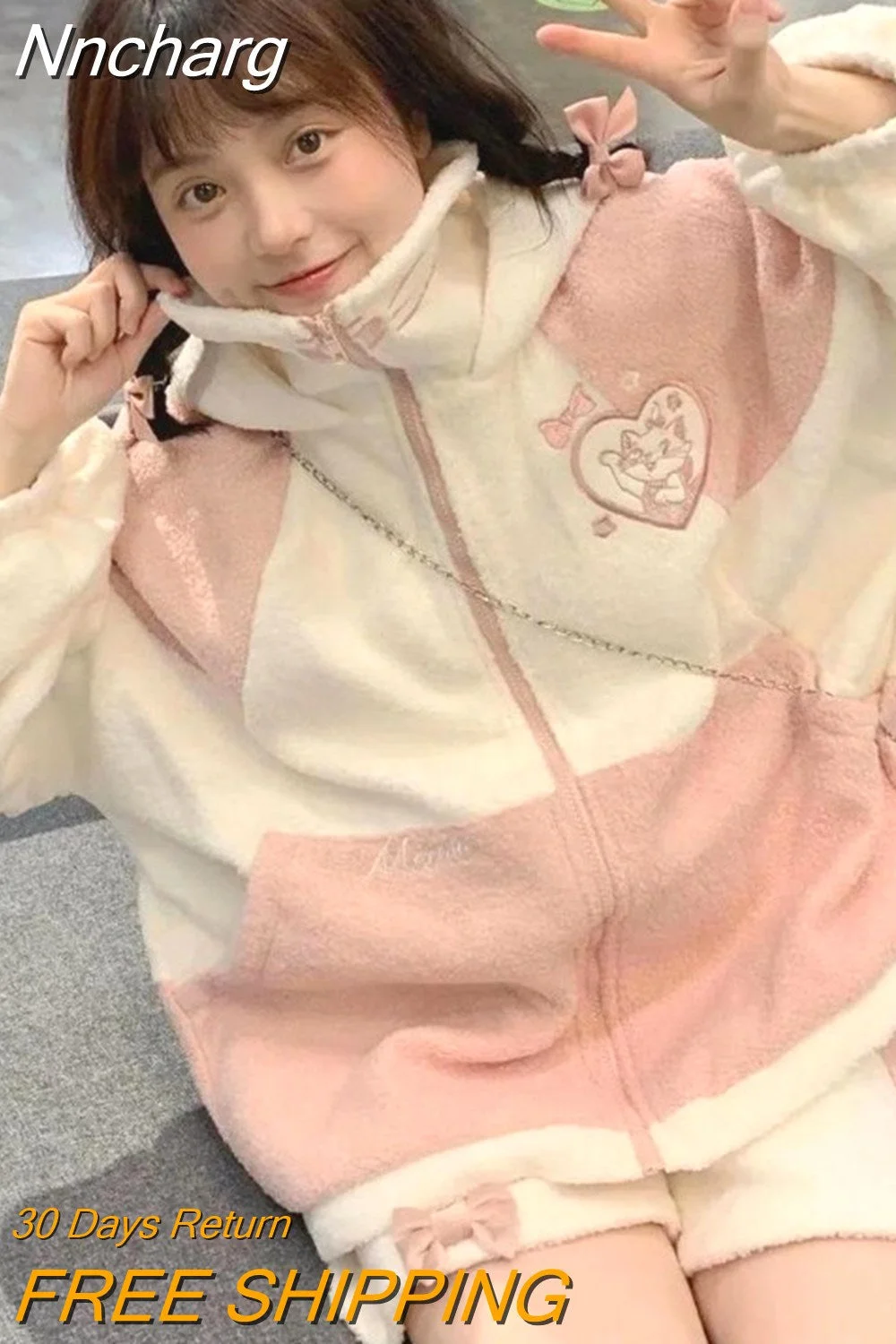Nncharge Women Preppy Style Korean Patchwork Jackets Loose Kawaii Pink White Contrast Color Outerwear Y2k Zipper Fleece Hooded Coats