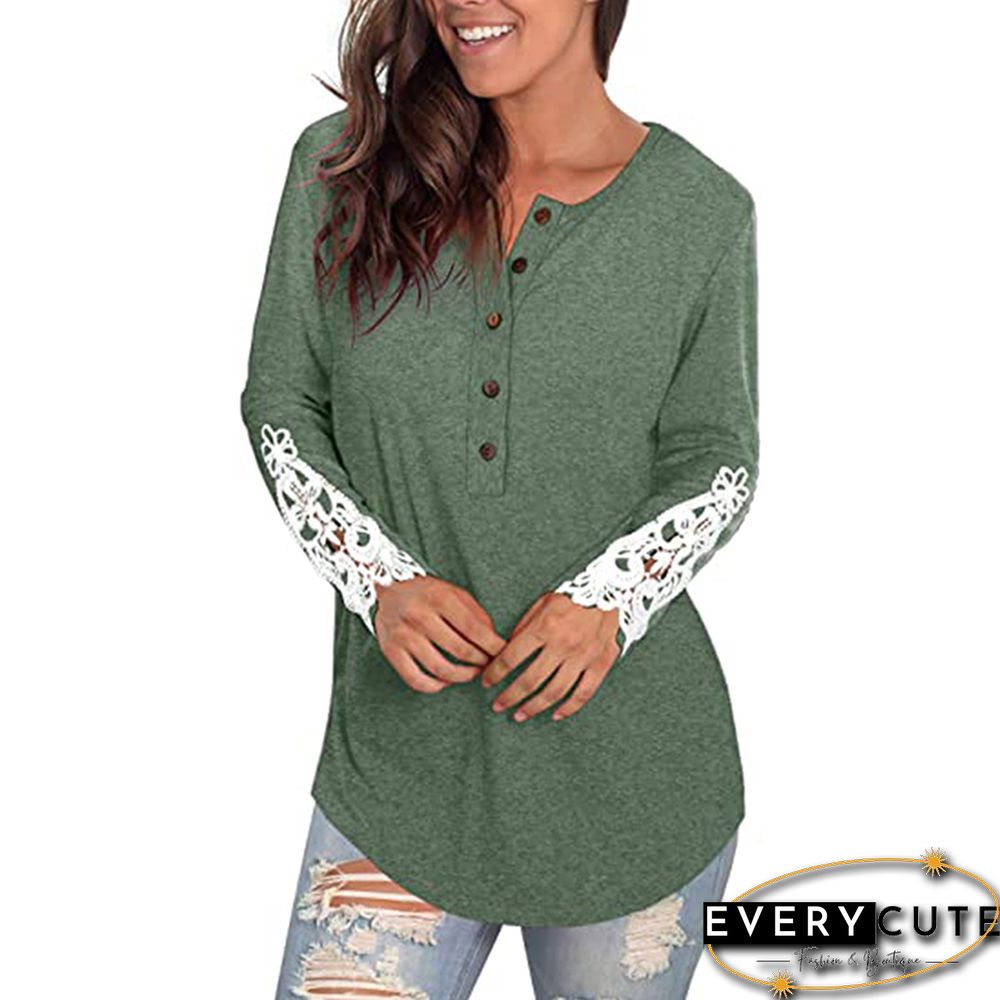 Green Button Up Lace Long Sleeve Top
