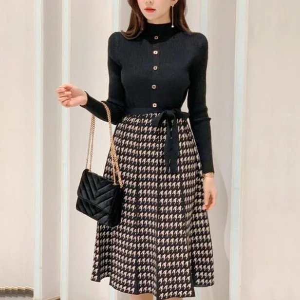 Dark Academia Autumn Knitted Lace-Up Bow Patchwork Dress SP16323