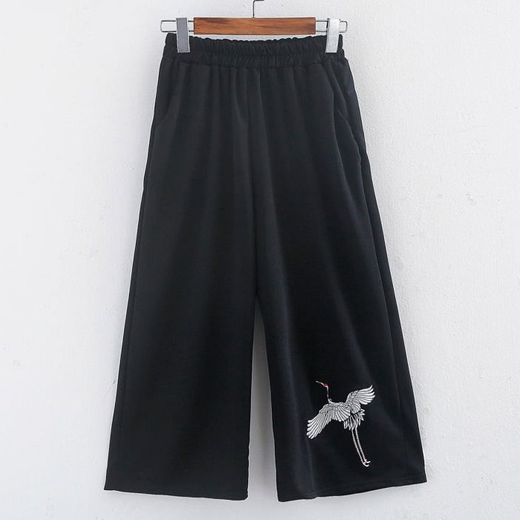 Vintage Crane Embroidery Wide Leg Casual Pants - Modakawa modakawa