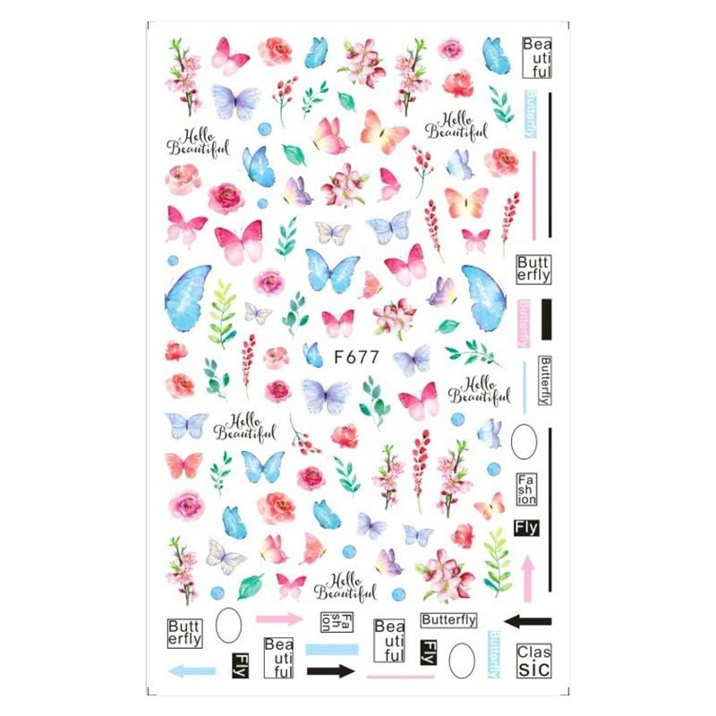 Butterfly Stickers Nail Art Blue Butterflies Flowers Rose 3D Adhesive Decals Acrylic Back Glue DIY Nail Manicure Slider Decor