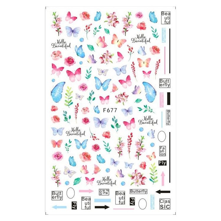 Butterfly Stickers Nail Art Blue Butterflies Flowers Rose 3D Adhesive Decals Acrylic Back Glue DIY Nail Manicure Slider Decor
