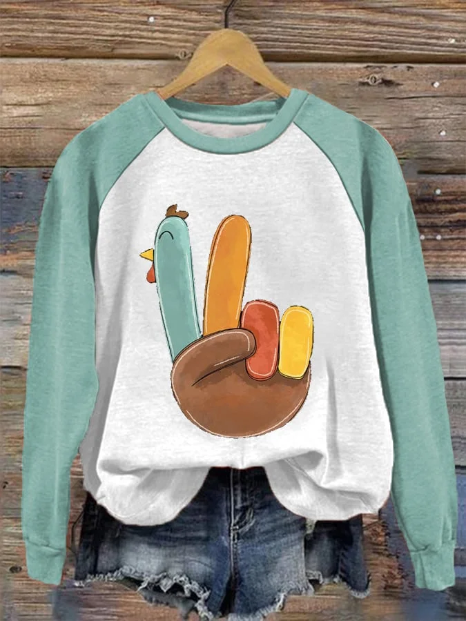 Women's Thanksgiving Hand Gesture Yay Cute Turkey Print Sweatshirt socialshop