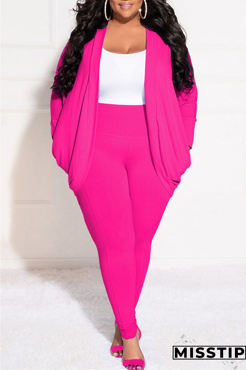 Burgundy Casual Solid Cardigan Pants Cardigan Collar Plus Size Two Pieces