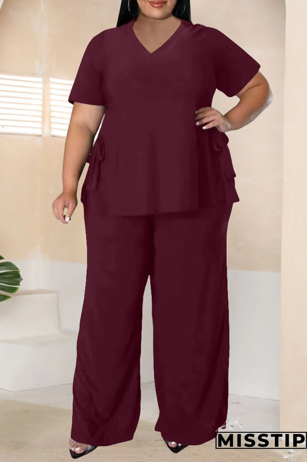 Burgundy Casual Solid Bandage Patchwork Slit V Neck Plus Size Two Pieces