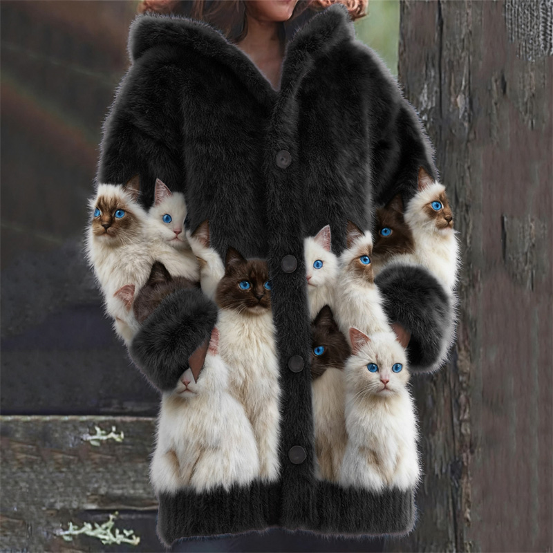 Classy Fuzzy Cats Art Cozy Knit Hooded Cardigan wearshes