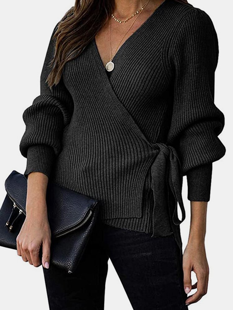 Cross Wrap Solid Color Long Sleeve Bandage Sweater For Women - Shop Trendy Women's Fashion | TeeYours