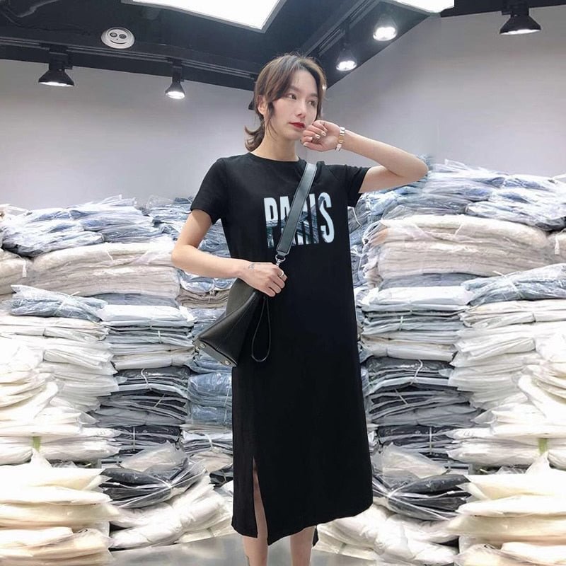 Hirsionsan Short Sleeve Long T Shirt Women 2020 Summer Harajuku Split Dress Korean Letter Printed Female Tees Casual Loose Tops