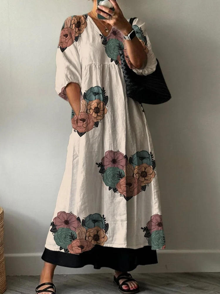 Flowers Combined Into Heart Decorative Pattern Pocket V-neck Cotton Dress
