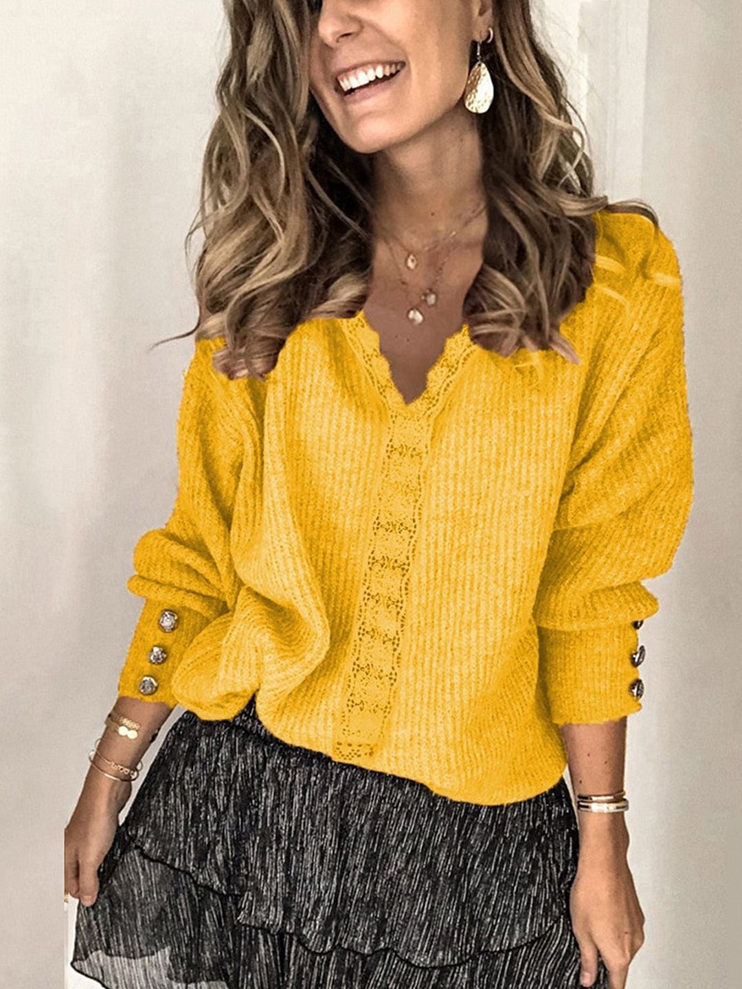 Women Knitted Pullovers Lace Stitching V-Neck Long-sleeve Solid Color Sweaters