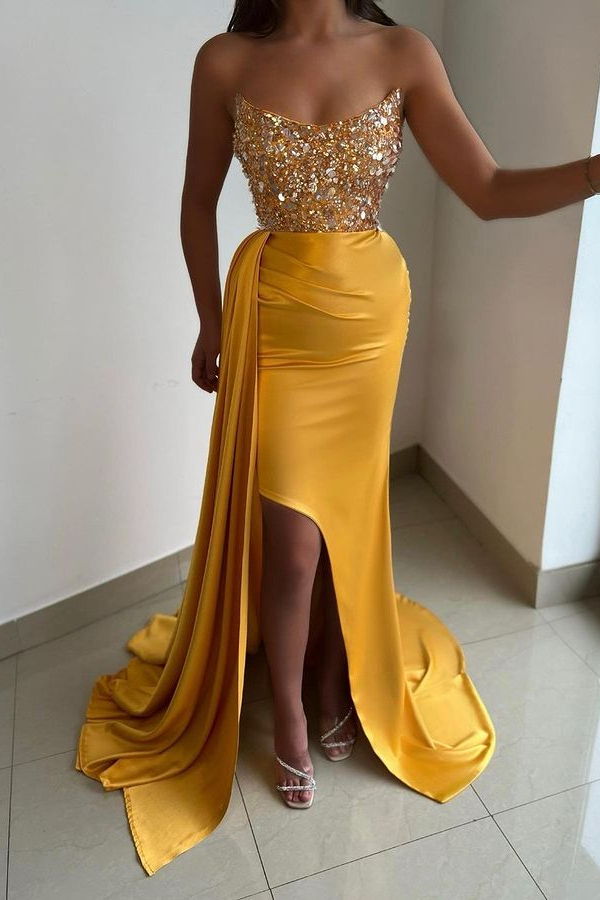 Bellasprom Yellow Gold Strapless Mermaid Prom Dress Long Slit WIth Sequins Bellasprom