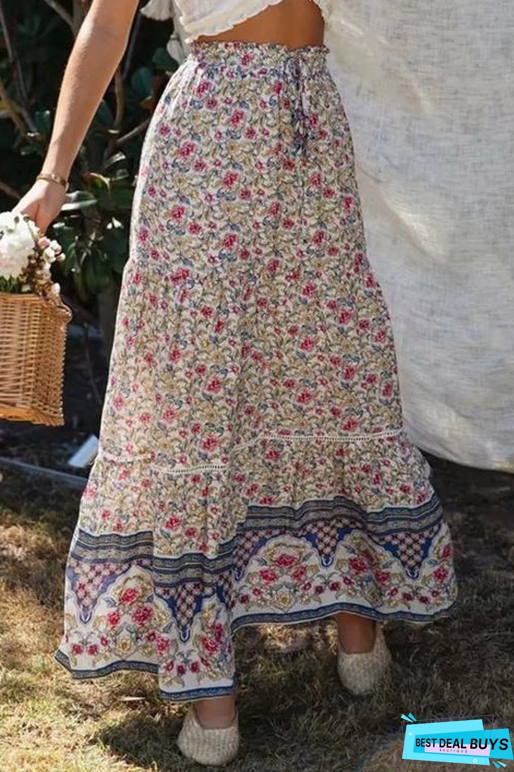 Floral Print Drawstring Waist Maxi Skirts