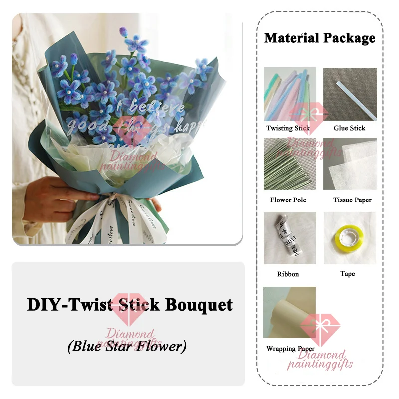 Twisting Bar Stem Pipe Kids DIY Flowers Present Toys Chenille Sticks Educational Handmade Material Plush Strips Floral Craft (Blue Star Flower)