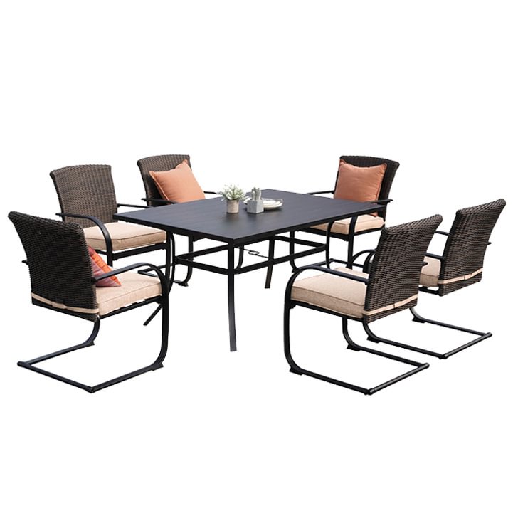 Outdoor 7 Piece Dining Table Set, Modern Woodgrain-Look Metal Table and Wicker Chairs for 6
