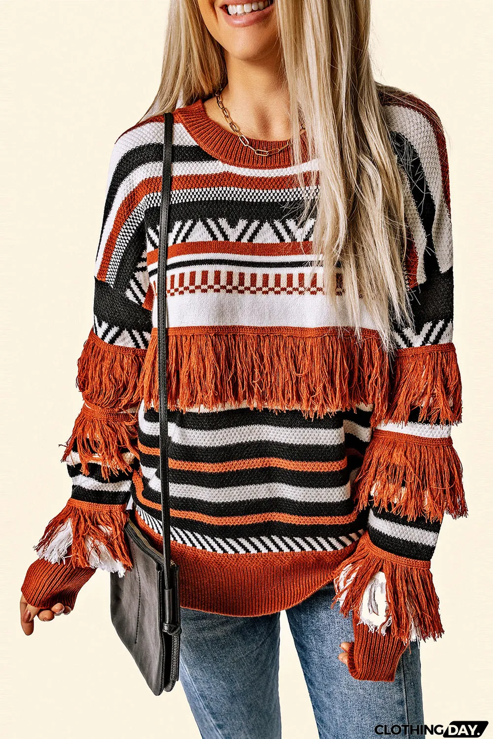 Multicolor Round Neck Striped Sweater with Fringe