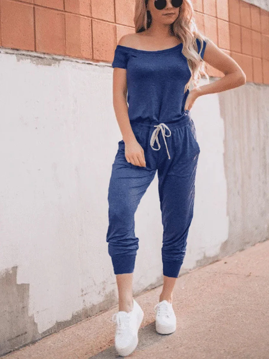 Off Shoulder Drawstring Waist Jumpsuit