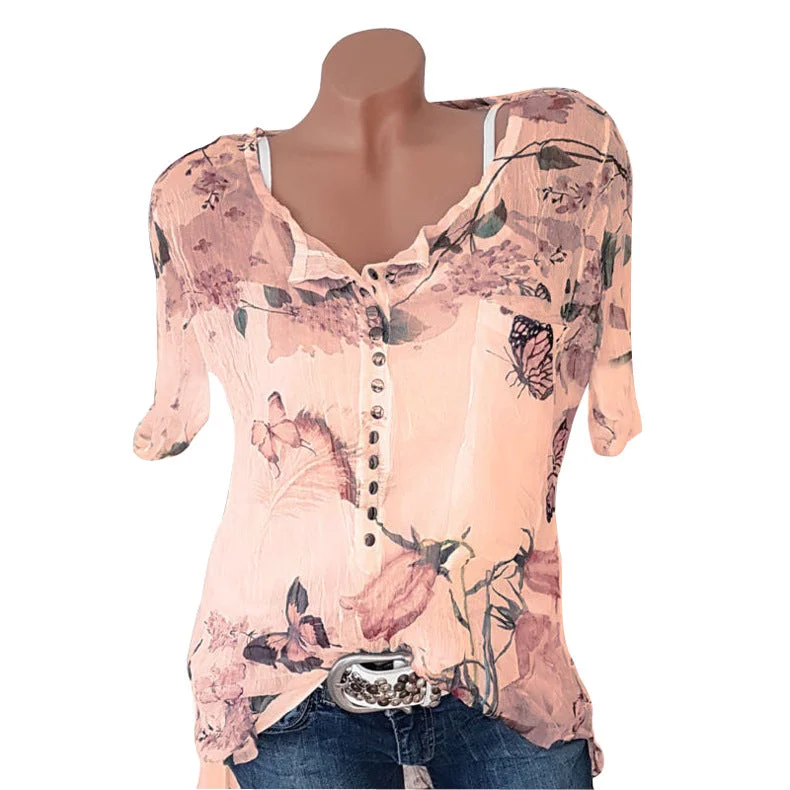 Butterfly Print Button Short Sleeve Chiffon Shirt