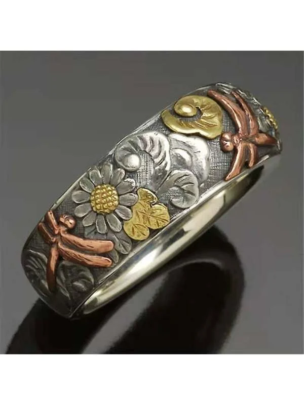 Vintage carved ring flower dragonfly animal male and female ring