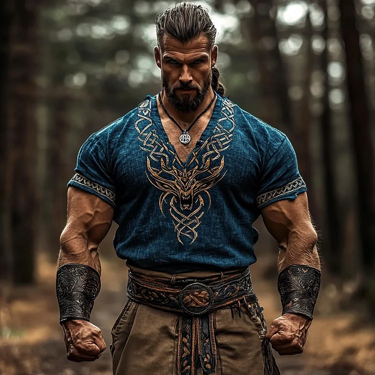 Men's Viking Dragon Style Celtic  V Neck Short Sleeve Linen T-shirt