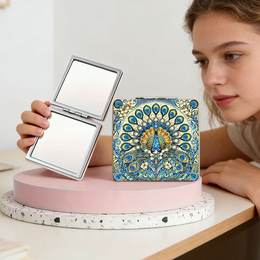 Blue Peacock DIY Special Shaped Diamond Painting Compact Mirror Kits Diamond Art Painting Pocket Mirror for Adults and Beginners