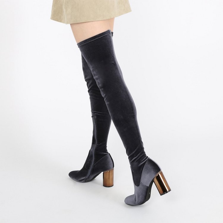 Dark Grey Long Boots Block Heel Velvet Sexy Thigh High Boots |FSJ Shoes