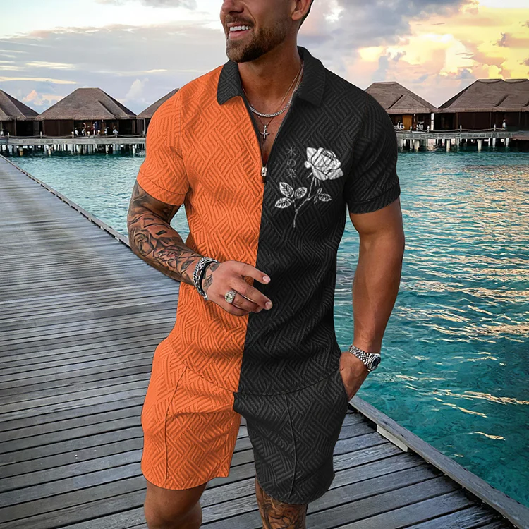 BrosWear Rose Printed Color Contrast Short Sleeve Polo Shirt And Shorts Co-Ord