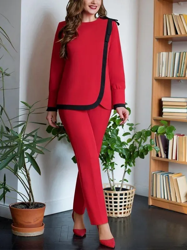 Round Neck Tie Blouse And Trousers Suit