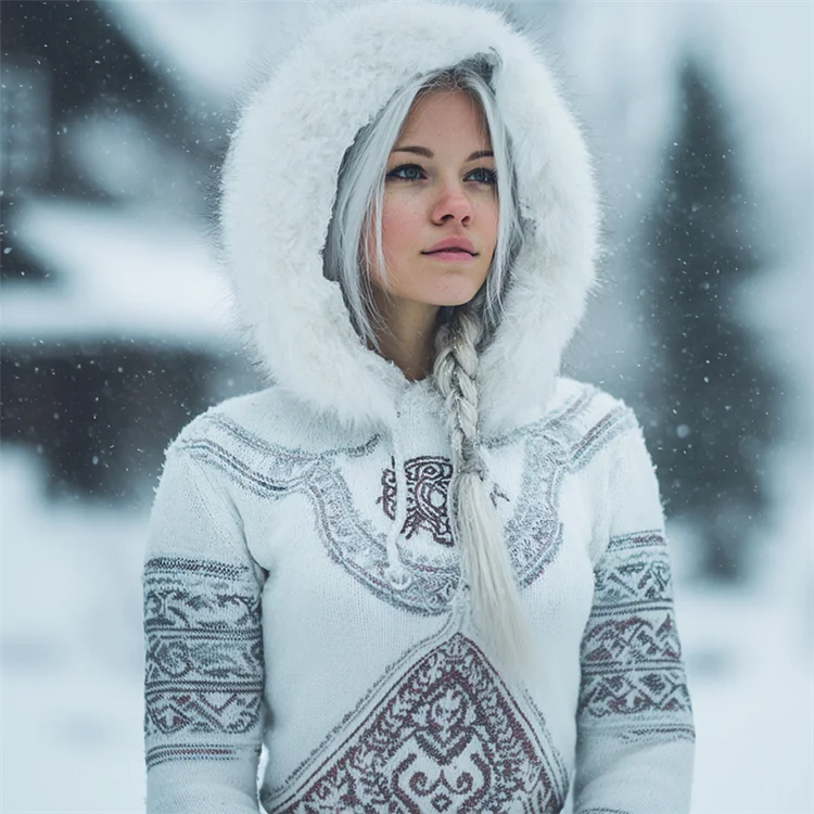 Vintage Viking Ice Inspired Celtic Fur Trim Hooded Sweater