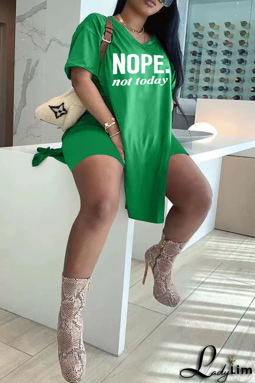 Blue Fashion Casual Letter Print Slit V Neck Plus Size Two Pieces