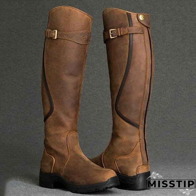 Joskka Women's Boots Plus Size Outdoor Daily Buckle Flat Heel Round Toe Vintage Casual Minimalism PU Loafer Floral Dark Brown Black Purple