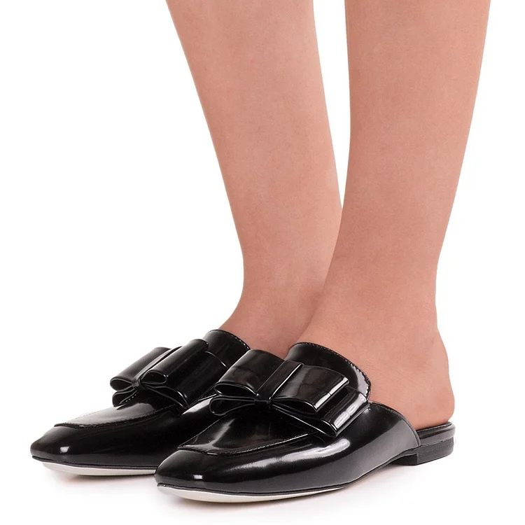 Black Vintage Bow Patent Leather Flat Mule Loafers for Women |FSJ Shoes