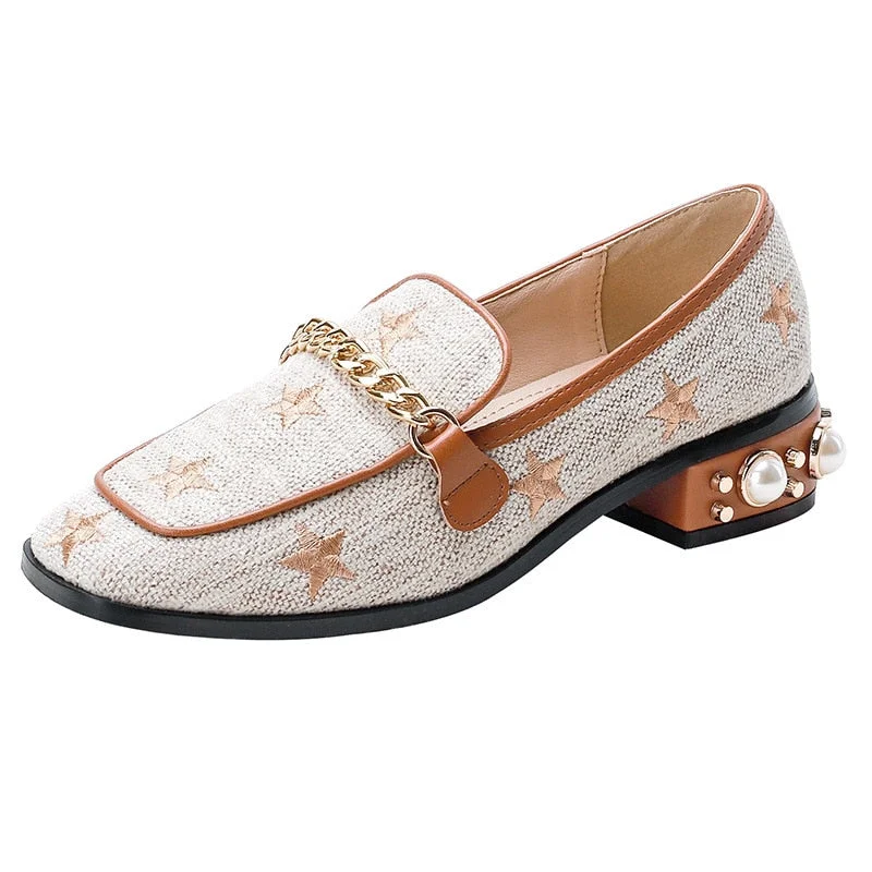 Lourdasprec Casual Flats Shoes Women Fashion Square Head Star Embroidered Mid-heel Loafers Pearl Decoration Comfortable Female Sport Shoes