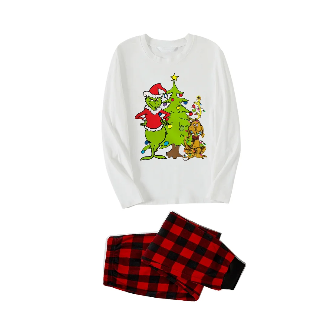 Christmas Cartoon Pattern and Tree Printed Red & Black Plaid Family Matching Pajamas