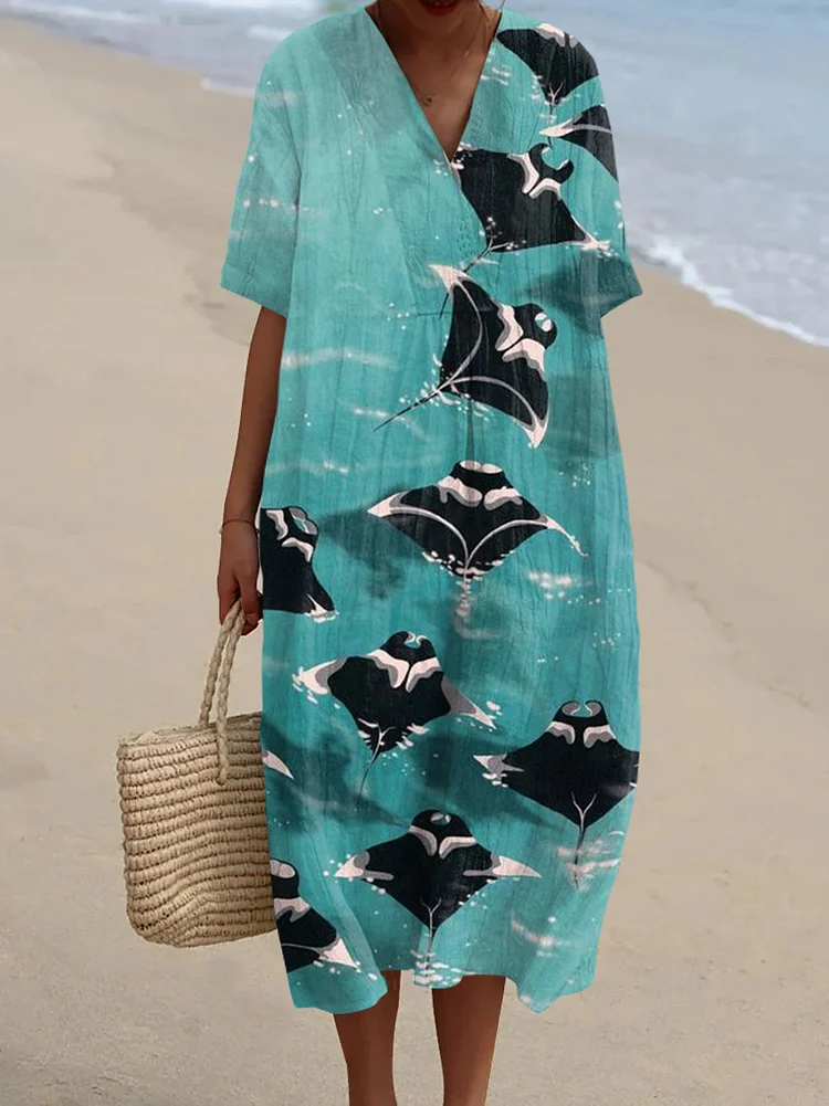 Artistic Manta Print V Neck Midi Dress