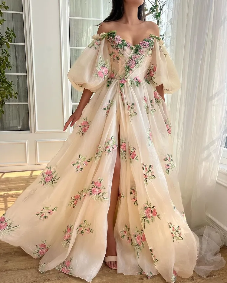 Floral Embroidered Split Elegant Off-The-Shoulder Prom Dress With Puff Sleeves | Lulustina
