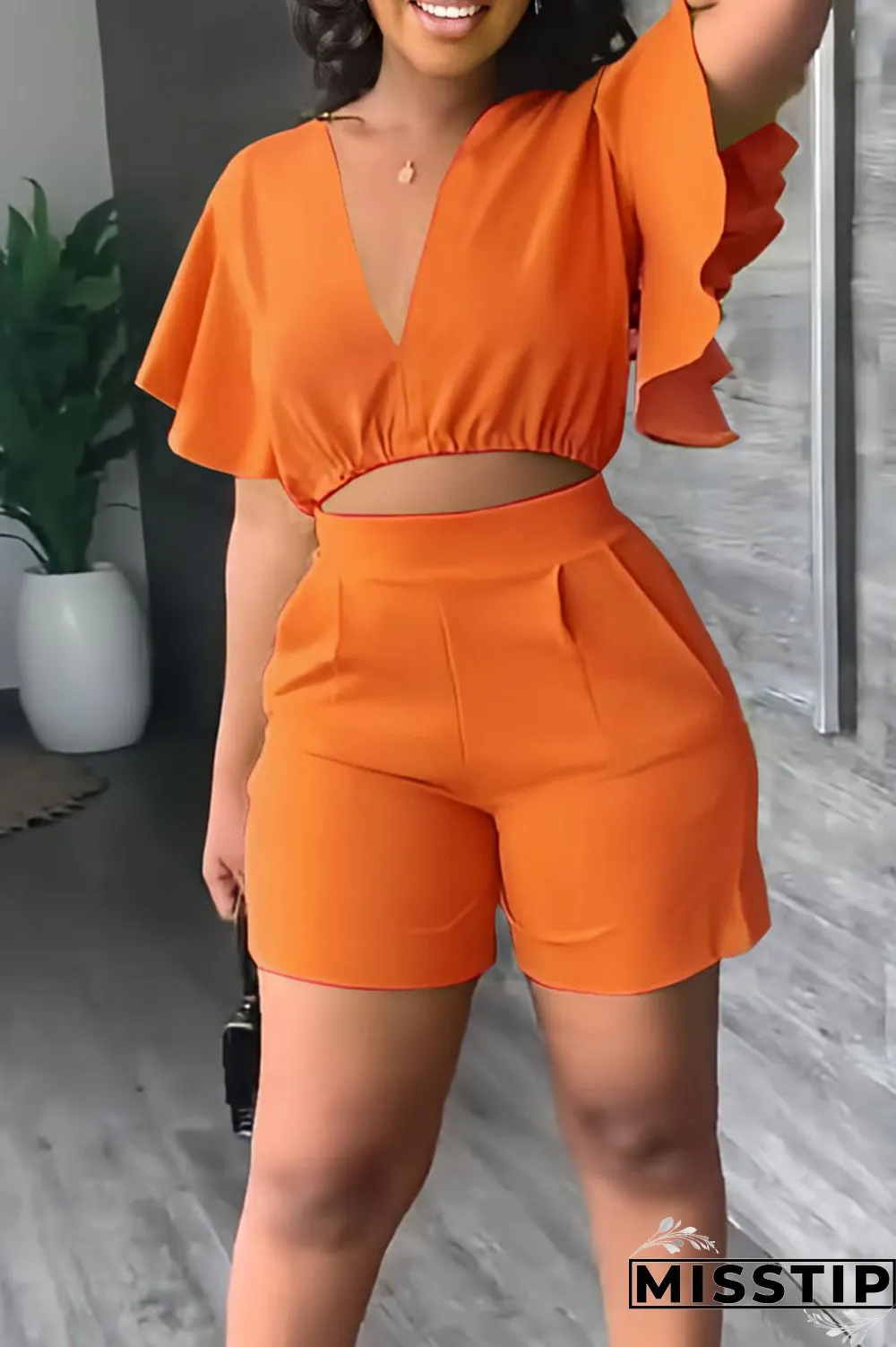 Yellow Casual Solid Patchwork Flounce V Neck Short Sleeve Two Pieces