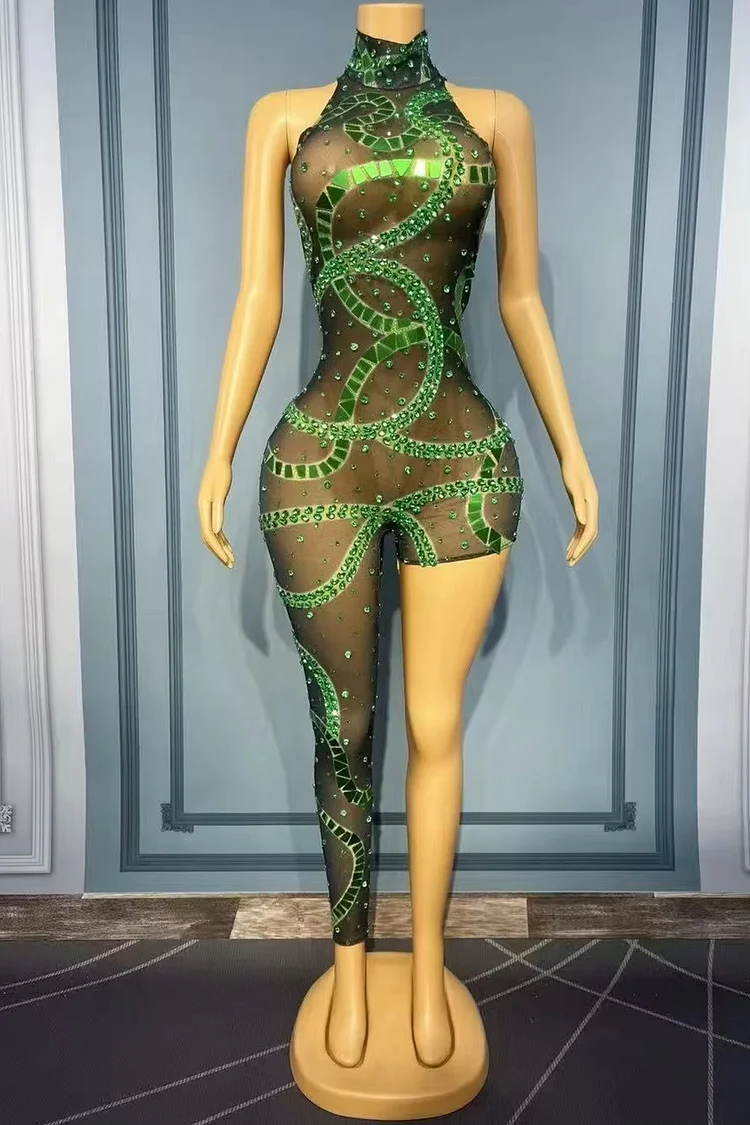 Mesh Rhinestone Snakeskin Pattern High Neck Jumpsuit-Green