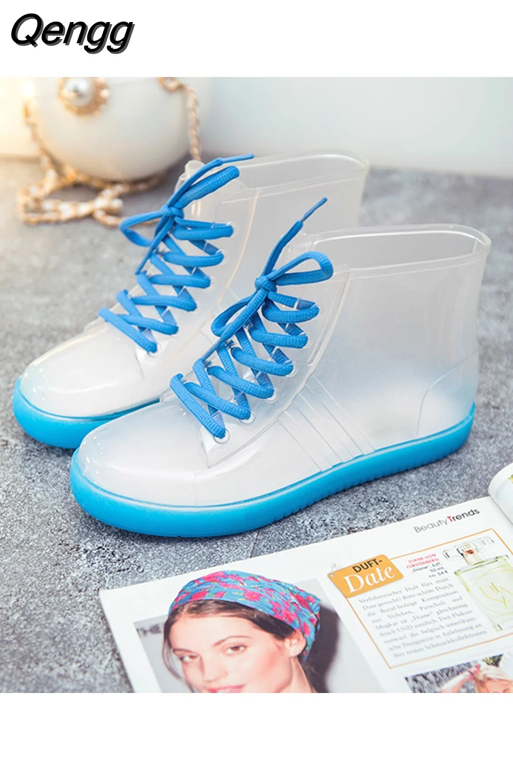 Qengg Transparent Anti-Slip Fashion Waterproof Shoes Rainshoes Rain Boots Shoe Cover Woolen Cotton Rubber Boots Female Short