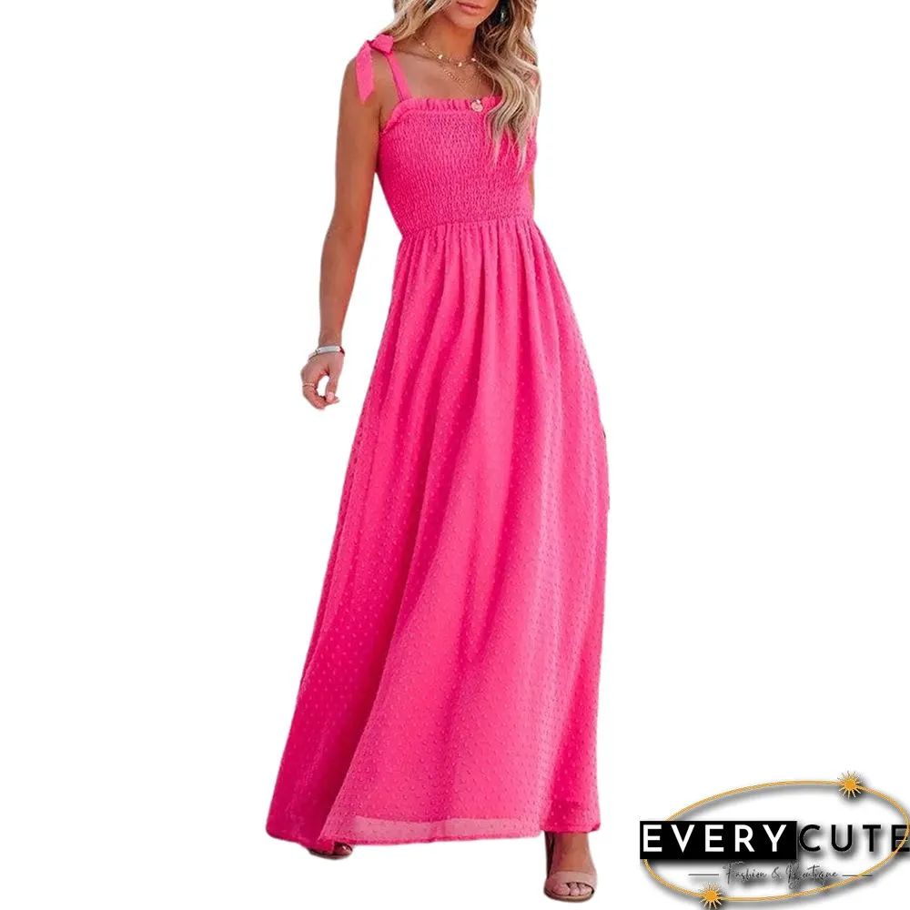 Rosy Smocked Swiss Dot Side Split Maxi Dress