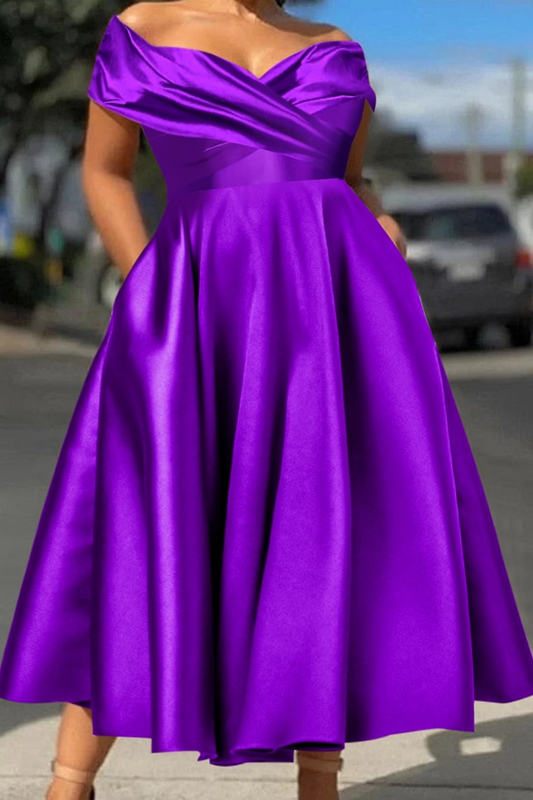 Plus Size Purple Party Satin Off Shoulder Midi Dress [Pre-Order]