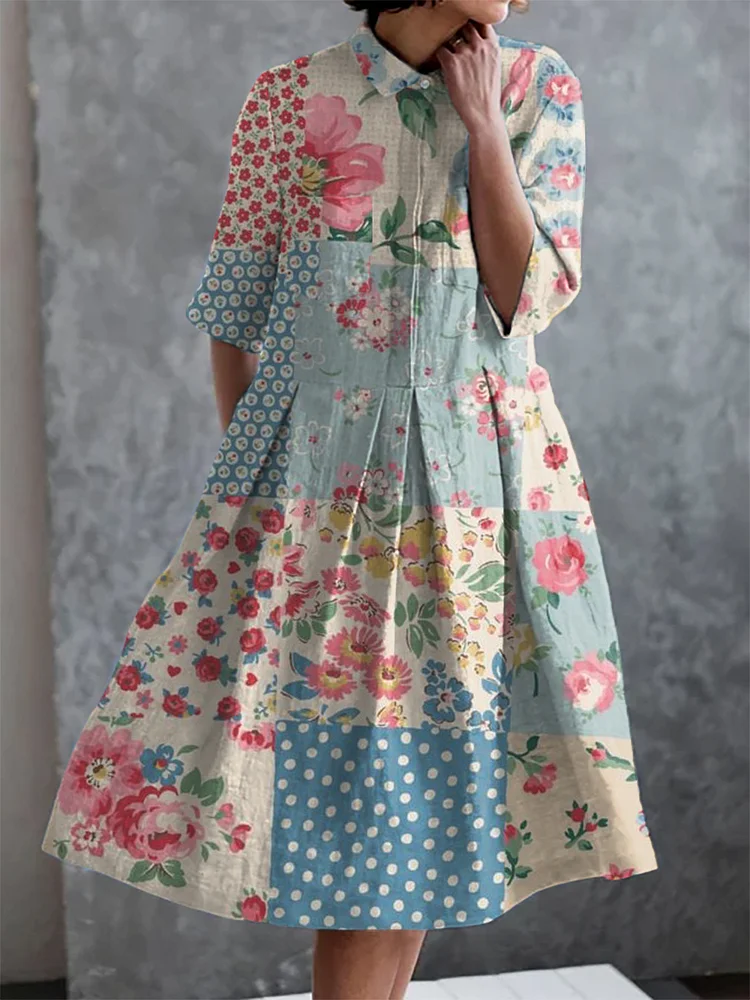 Vintage Floral Print Casual Elegant Pocket Half Sleeve Dress