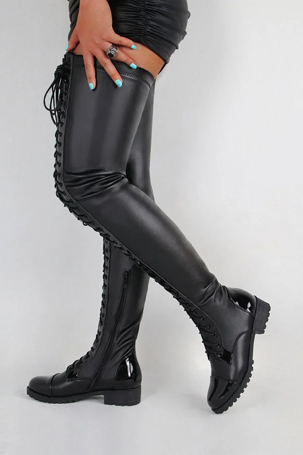 Solid Color Unique Strappy Thigh-Length Boots