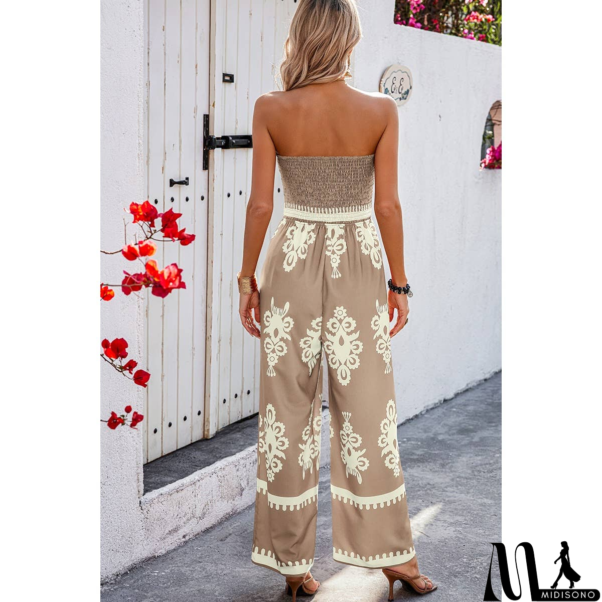 MidiSono - Off Shoulder Ruched Printed High Waist Jumpsuit