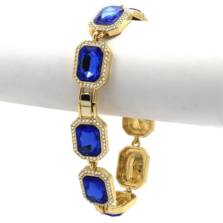 13MM Iced Out Gold Plated Blue Ruby Bracelet