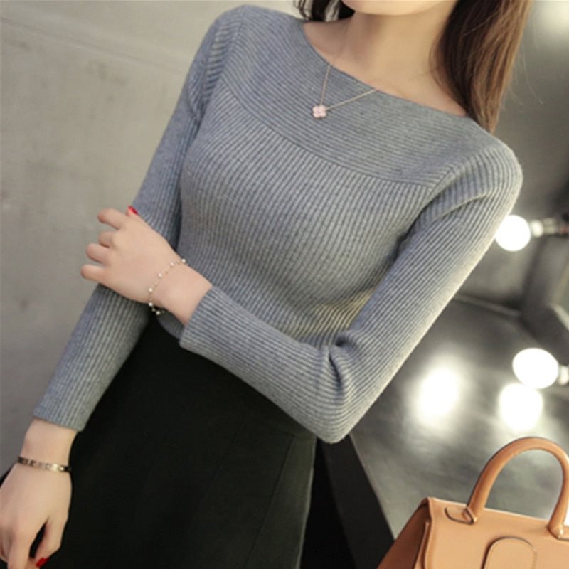 Women All-match Short Slim Bottoming Shirt Ladies Long-sleeved Threaded Tight Pullover Women Autumn New Line-neck Sweaters16036