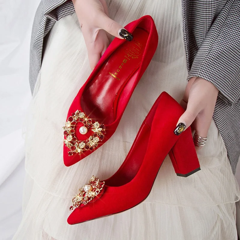 Women Pumps Red High Heel Wedding Shoes Elegant Pointed Toe Heart Rhinestone Ladies Pumps Women Dress Party Shoes