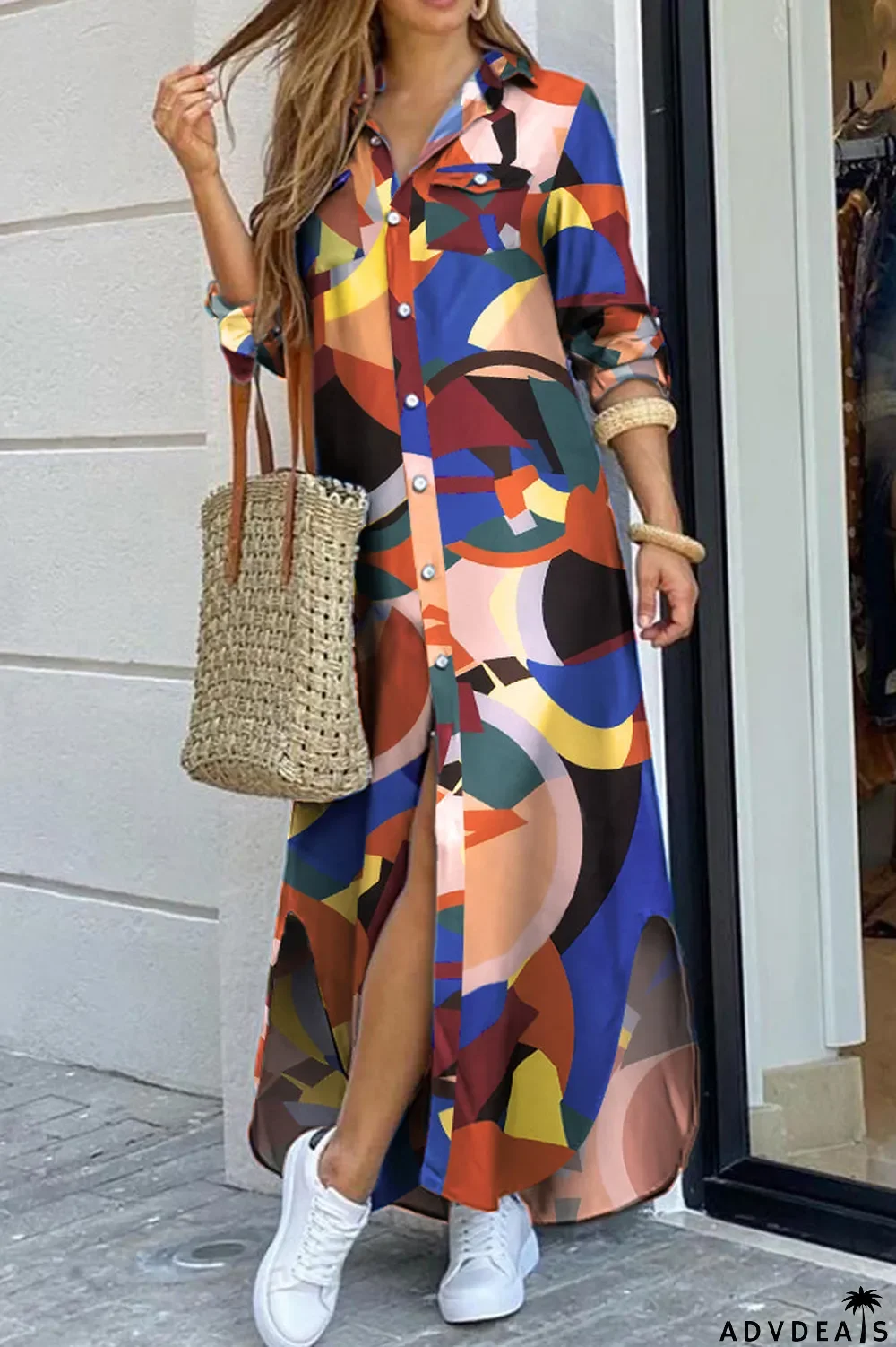 Geometric Printed Side Slit Shirt Dress